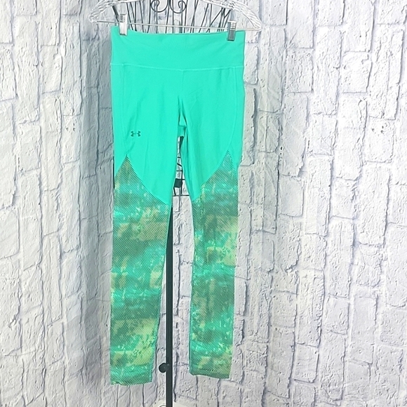 UNDER ARMOUR Small Green and Yellow Ankle Length Athletic Leggings - Picture 1 of 8